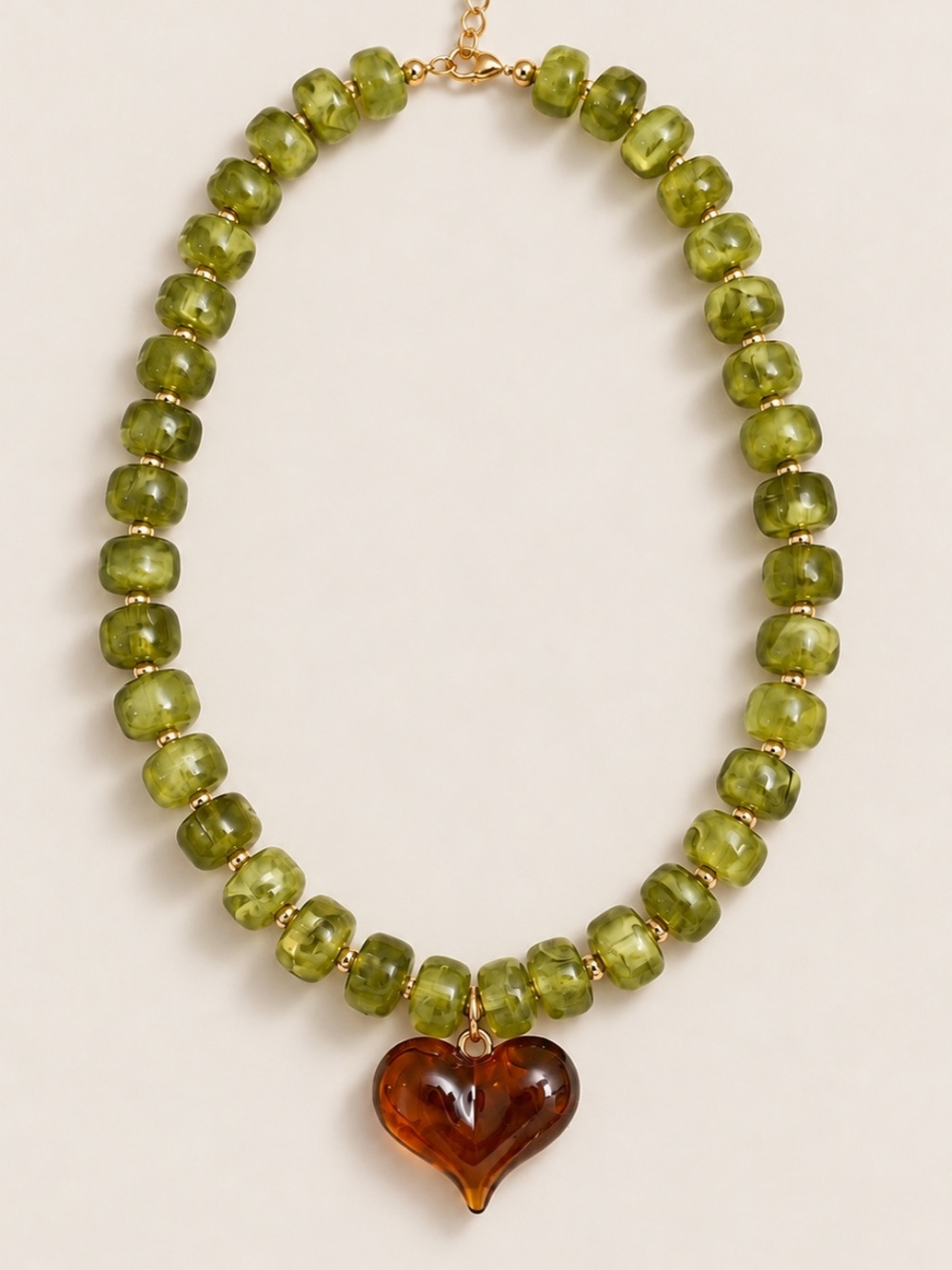 New! Olive Green Beaded Amber Heart Necklace NWOT 5007
